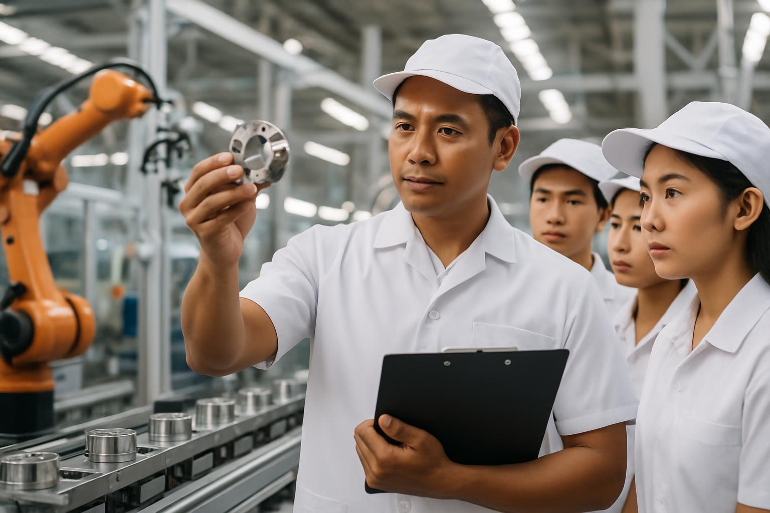 製造ラインで後輩を指導する特定技能チームリーダー