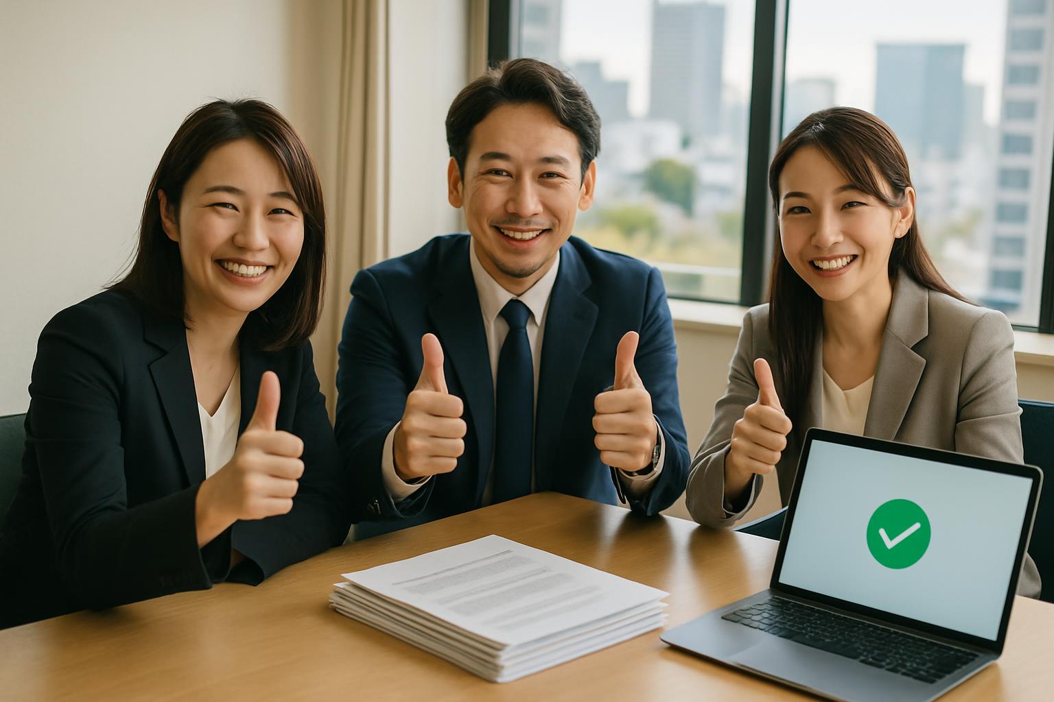 届出完了を喜ぶ実務担当者チームのイメージ