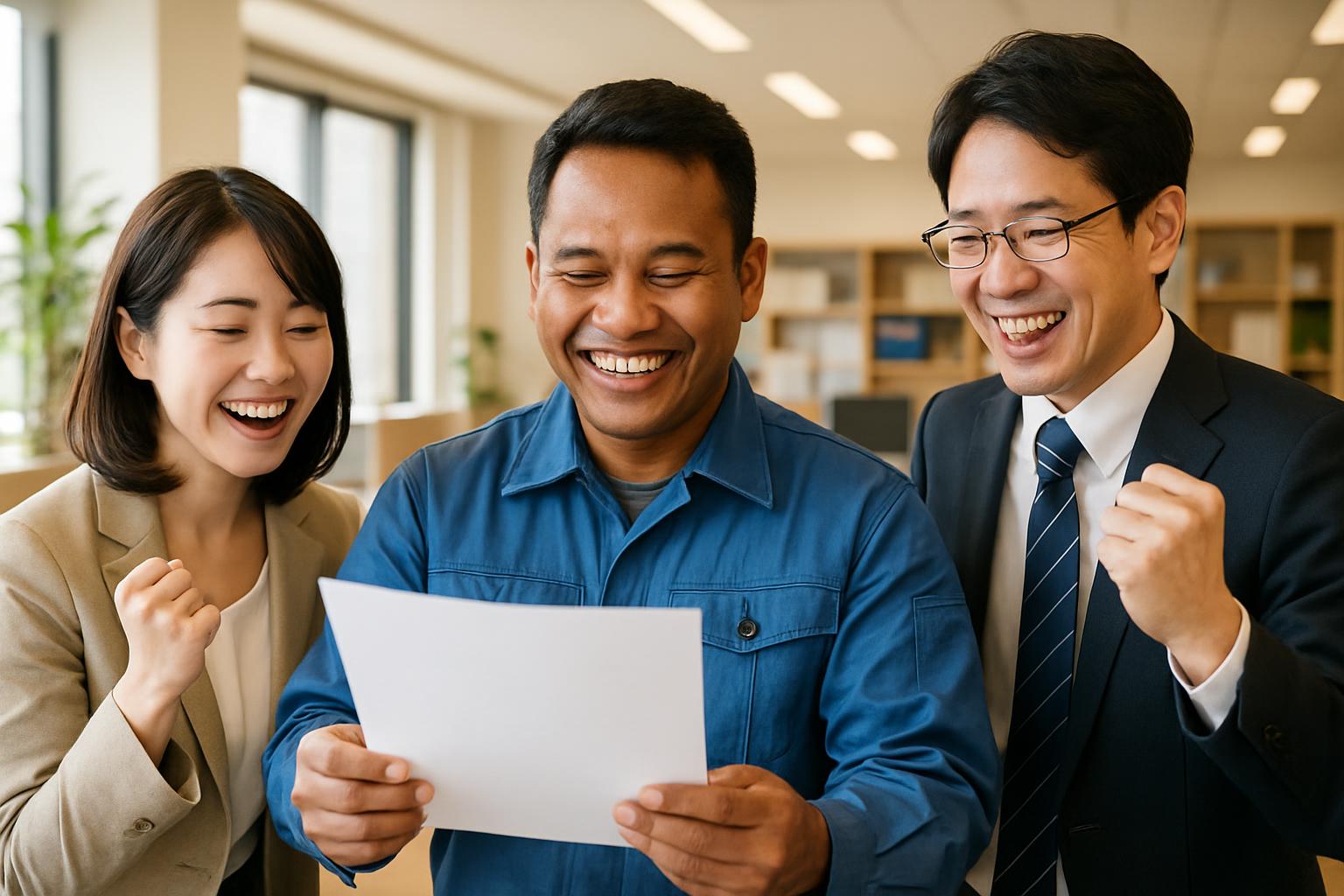 再申請が許可され喜ぶ企業担当者と外国人労働者と行政書士
