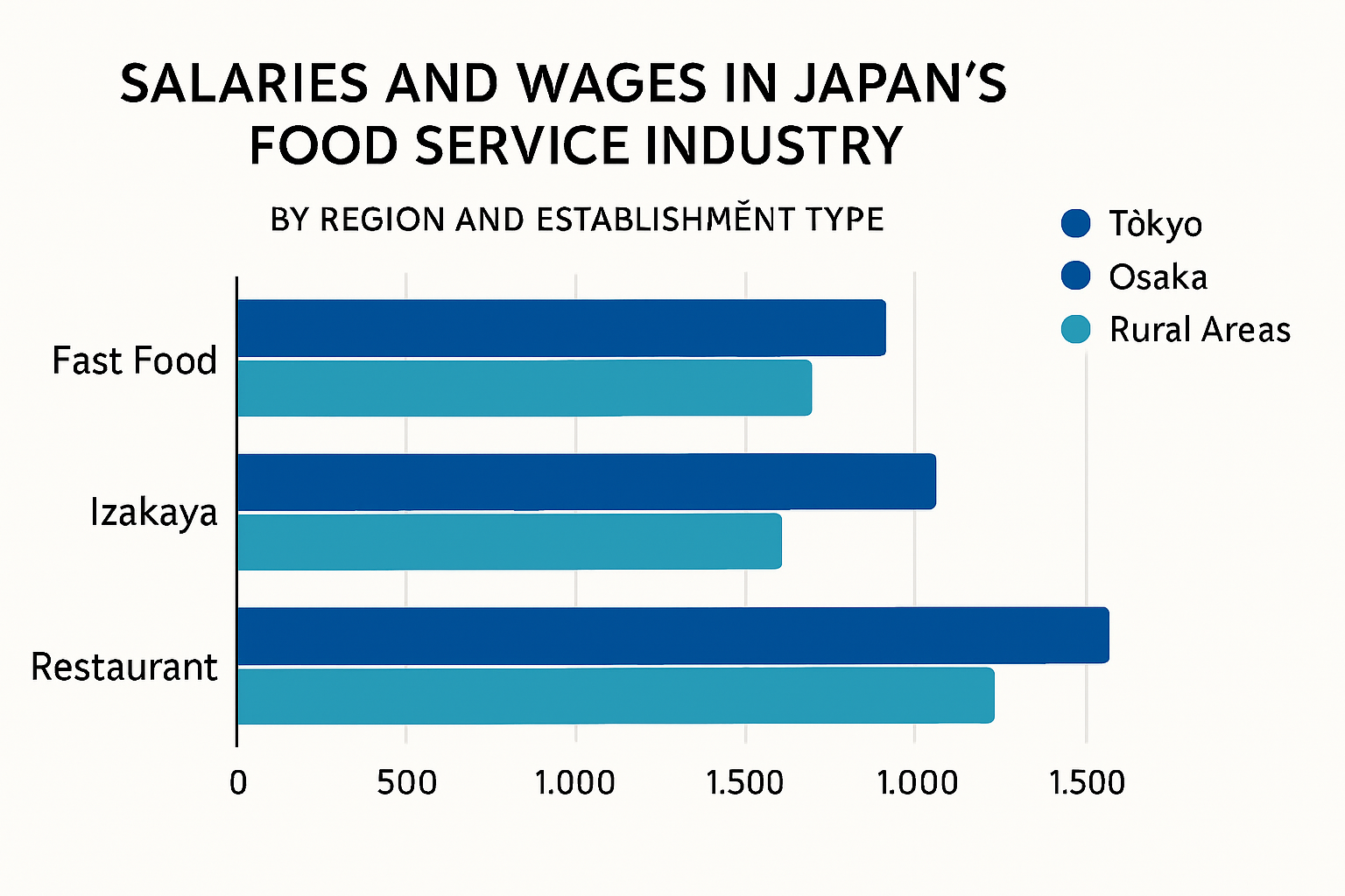 外食業の地域別・業態別給与相場を比較するグラフや表のイメージ