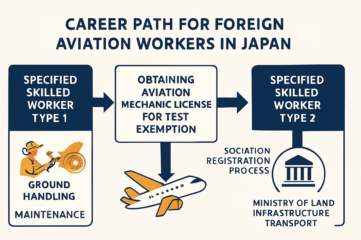 航空業特定技能1号から2号へのキャリアアップ・航空整備士資格との関係・協議会加入手続きのイメージ
