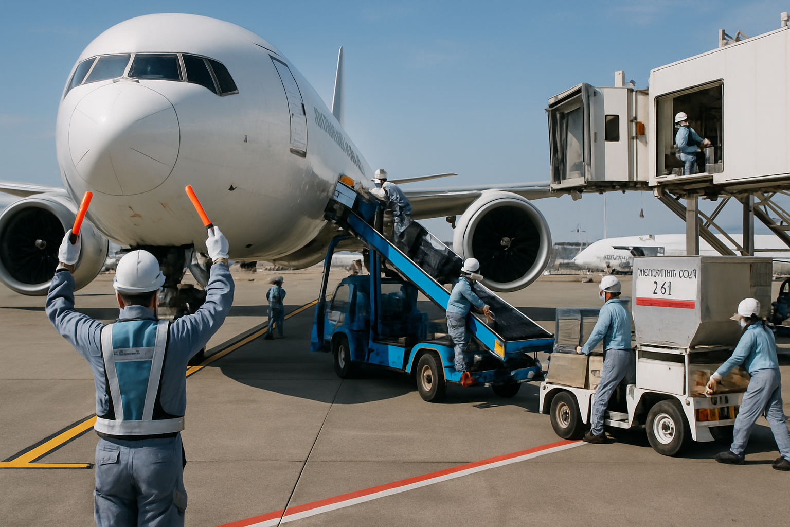 日本の空港でグランドハンドリング業務に従事するスタッフのランプ業務・荷物積降作業のイメージ