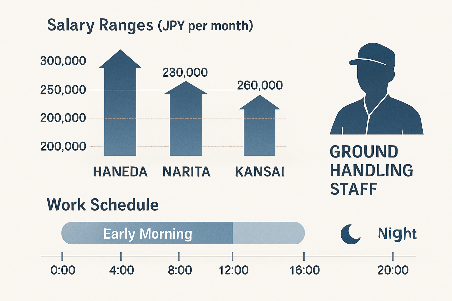日本の空港でのグランドハンドリングスタッフの勤務体制・給与相場と地域別比較のイメージ
