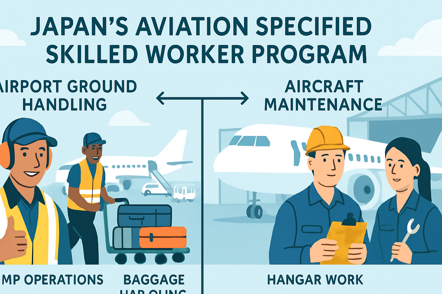 日本の空港でグランドハンドリング業務と航空機整備業務に従事する外国人特定技能スタッフのイメージ
