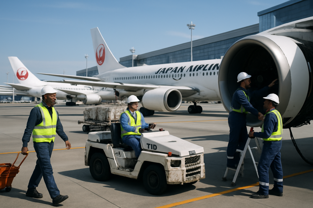 日本の国際空港でグランドハンドリング・航空機整備業務に従事する外国人特定技能スタッフのイメージ（アイキャッチ）