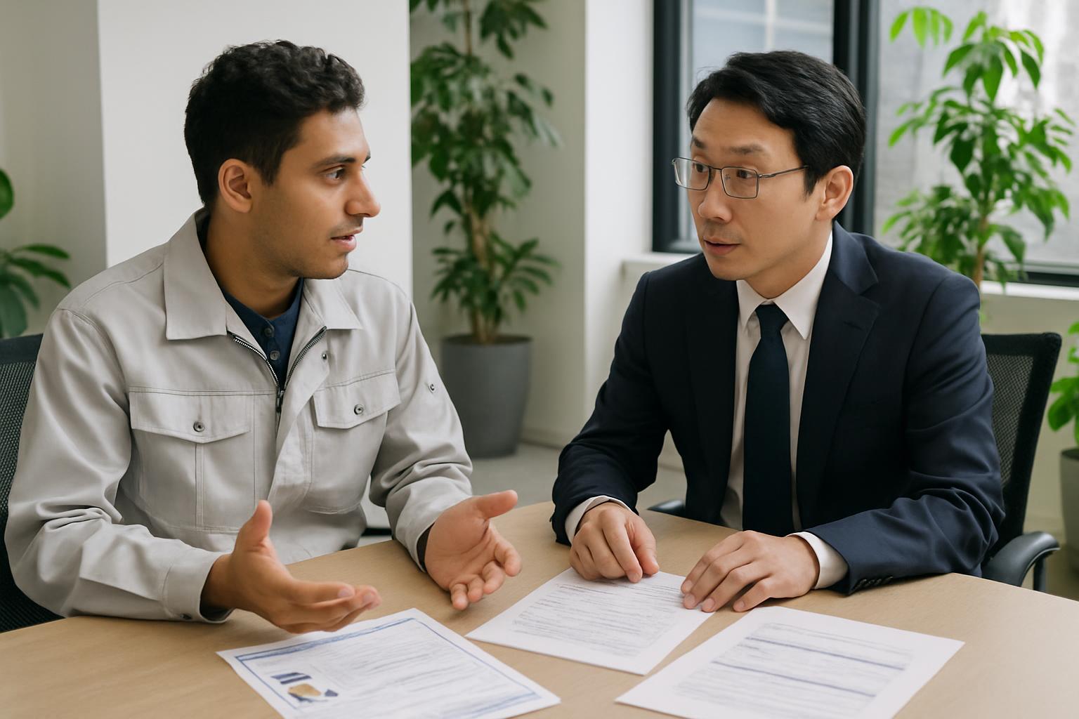 技能実習から特定技能1号への移行制度を企業担当者と外国人が話し合う場面