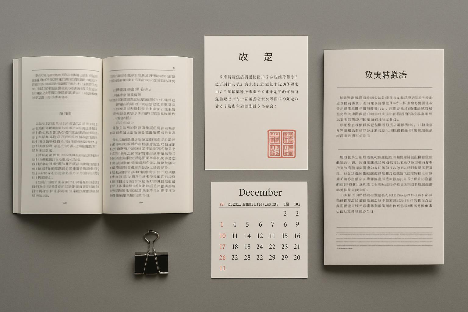 改正入管法の法令書類・改正証明書・カレンダーのフラットレイ