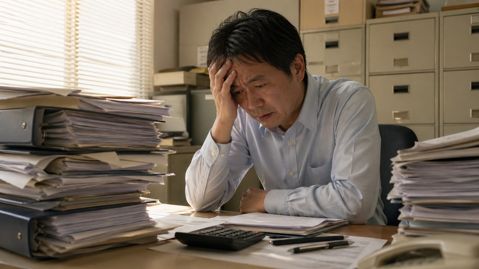 紙の書類とバインダーに囲まれて業務に追われる登録支援機関の担当者