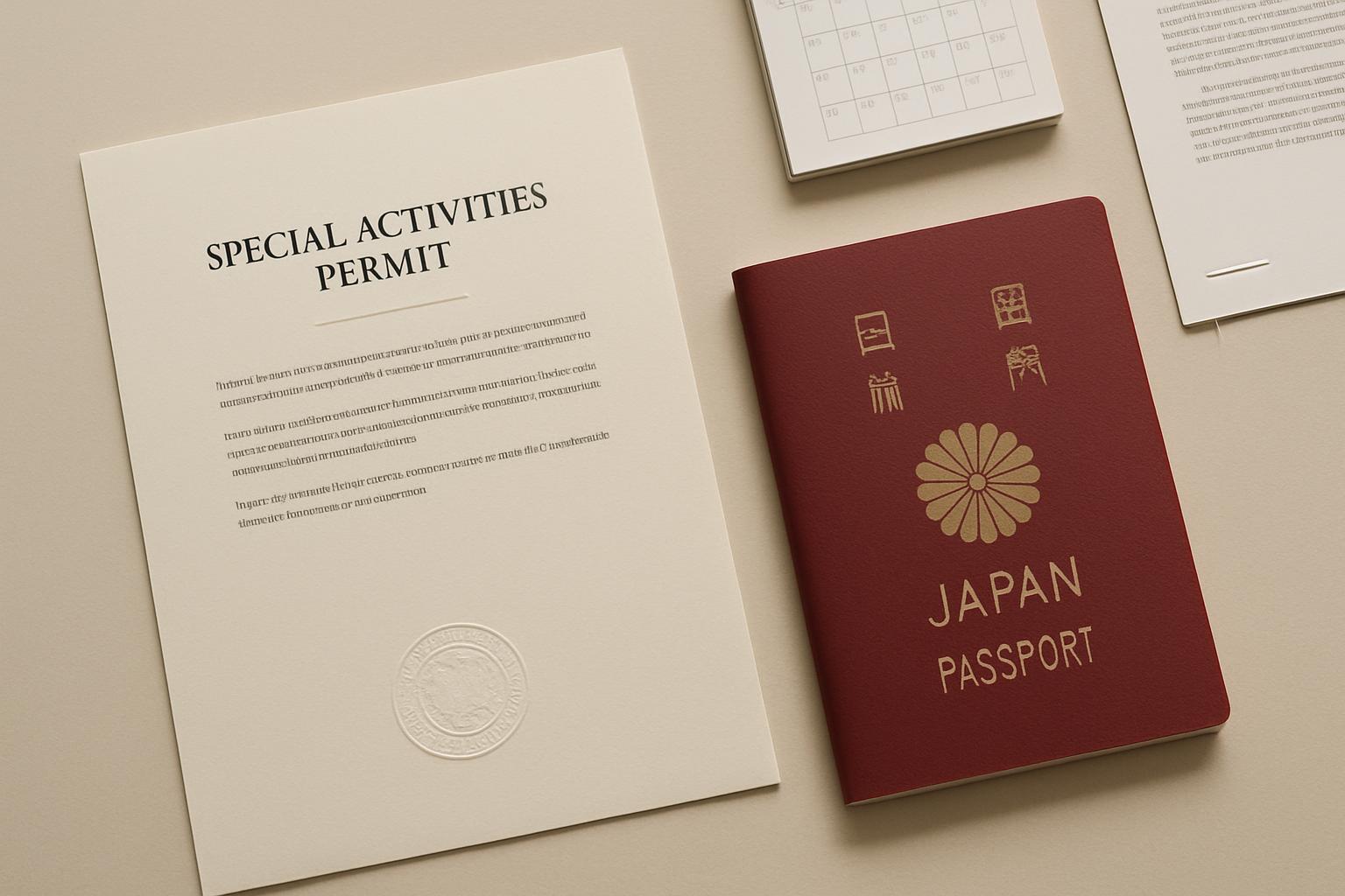 資格外活動許可書とパスポート、週間カレンダーのフラットレイ