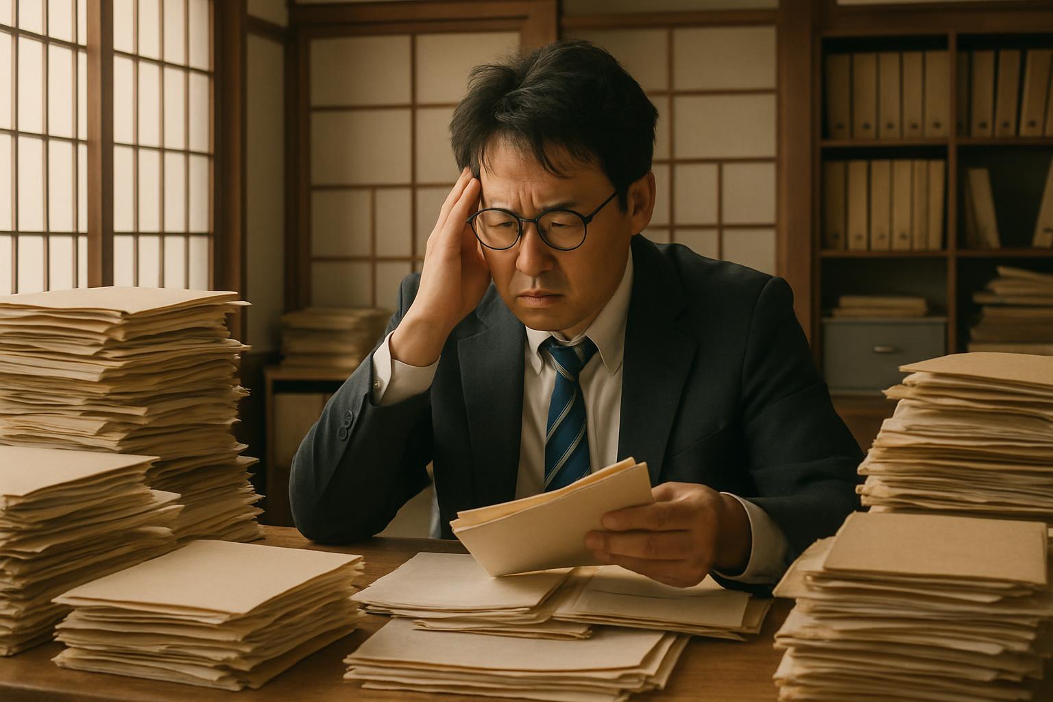 紙書類の山に囲まれて業務管理に追われる登録支援機関スタッフの場面