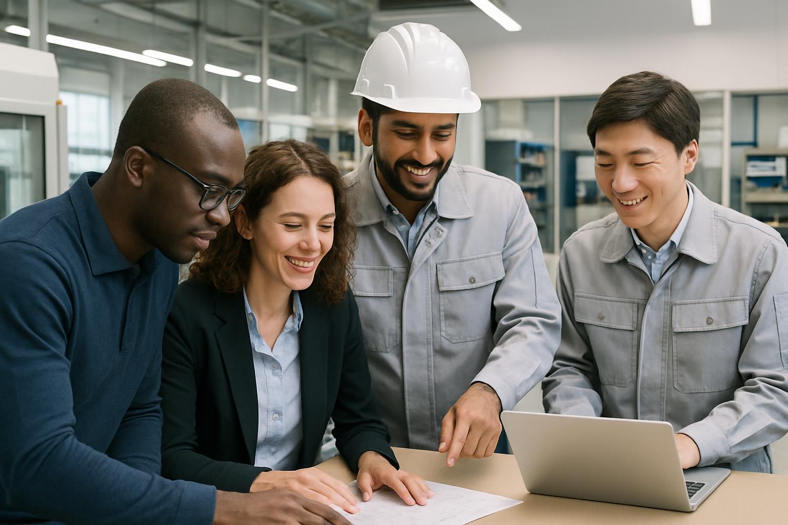 多国籍な外国人労働者チームが日本の職場で協力して働いている様子