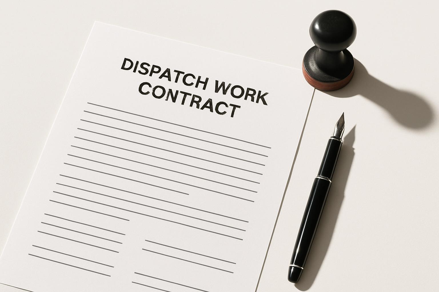 派遣契約書と印鑑が並ぶデスクの書類クローズアップ