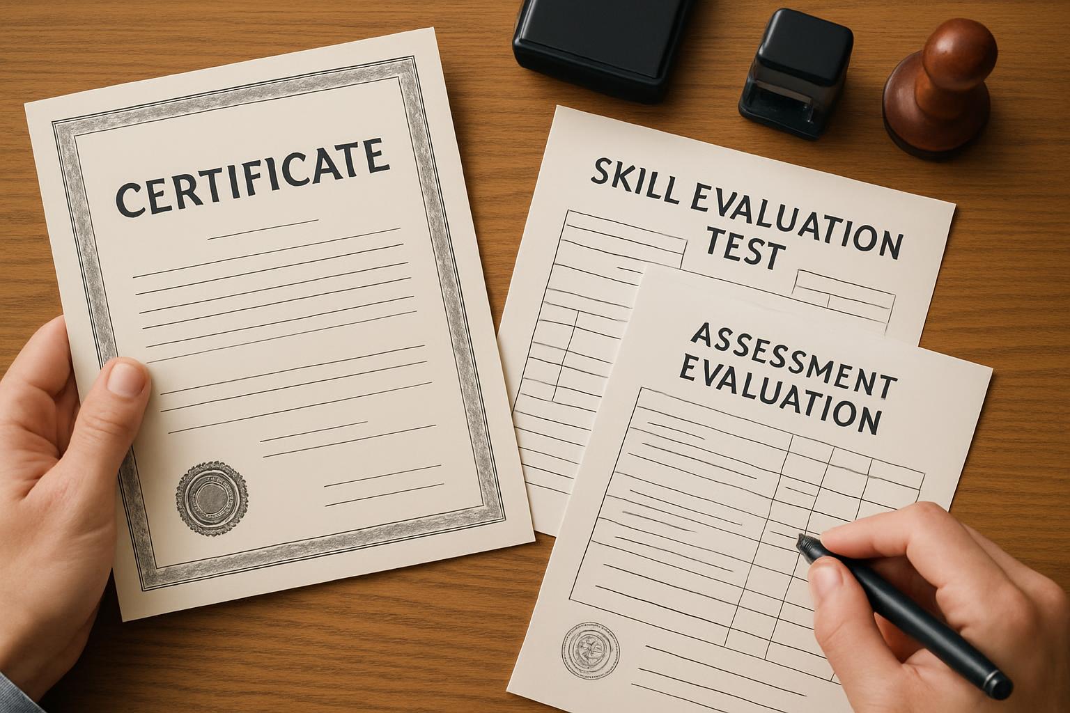 技能実習修了証明書と技能評価試験の合格証が並ぶ書類審査の様子