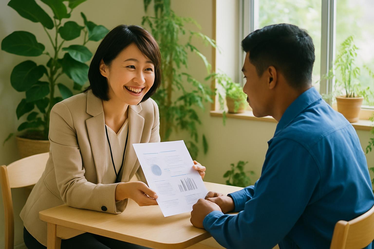 支援担当者が外国人と定期面談を行う様子