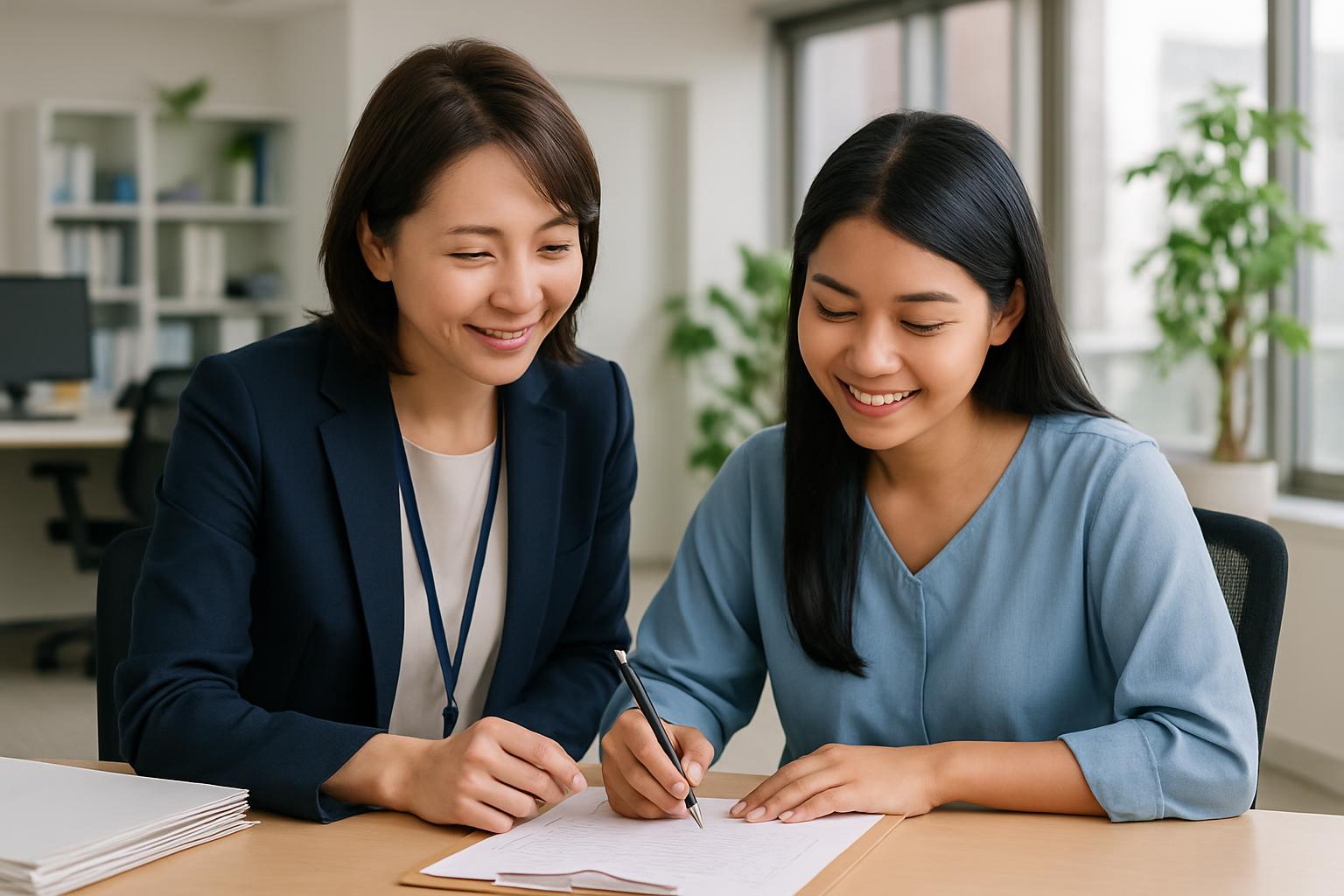 外国人社員の社会保険加入手続きを支援するスタッフ