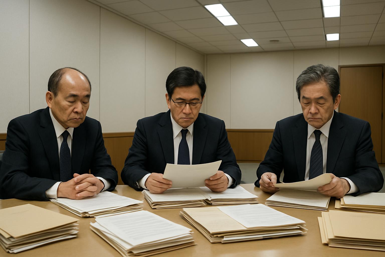 政府の審査委員会メンバー3名がテーブルで申請書類を審査している様子