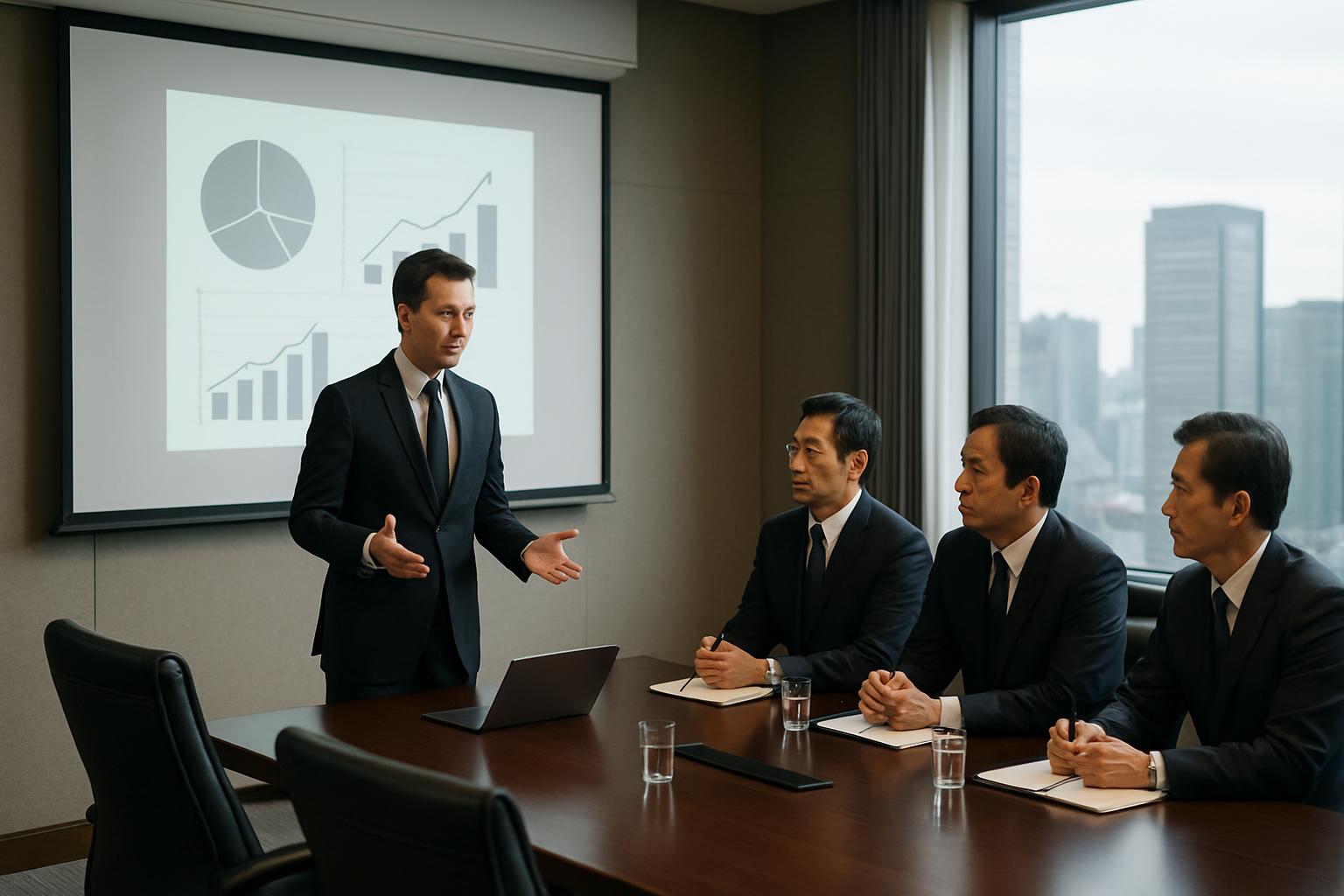 外国人起業家がビジネスプランを日本政府関係者にプレゼンしている会議室の様子