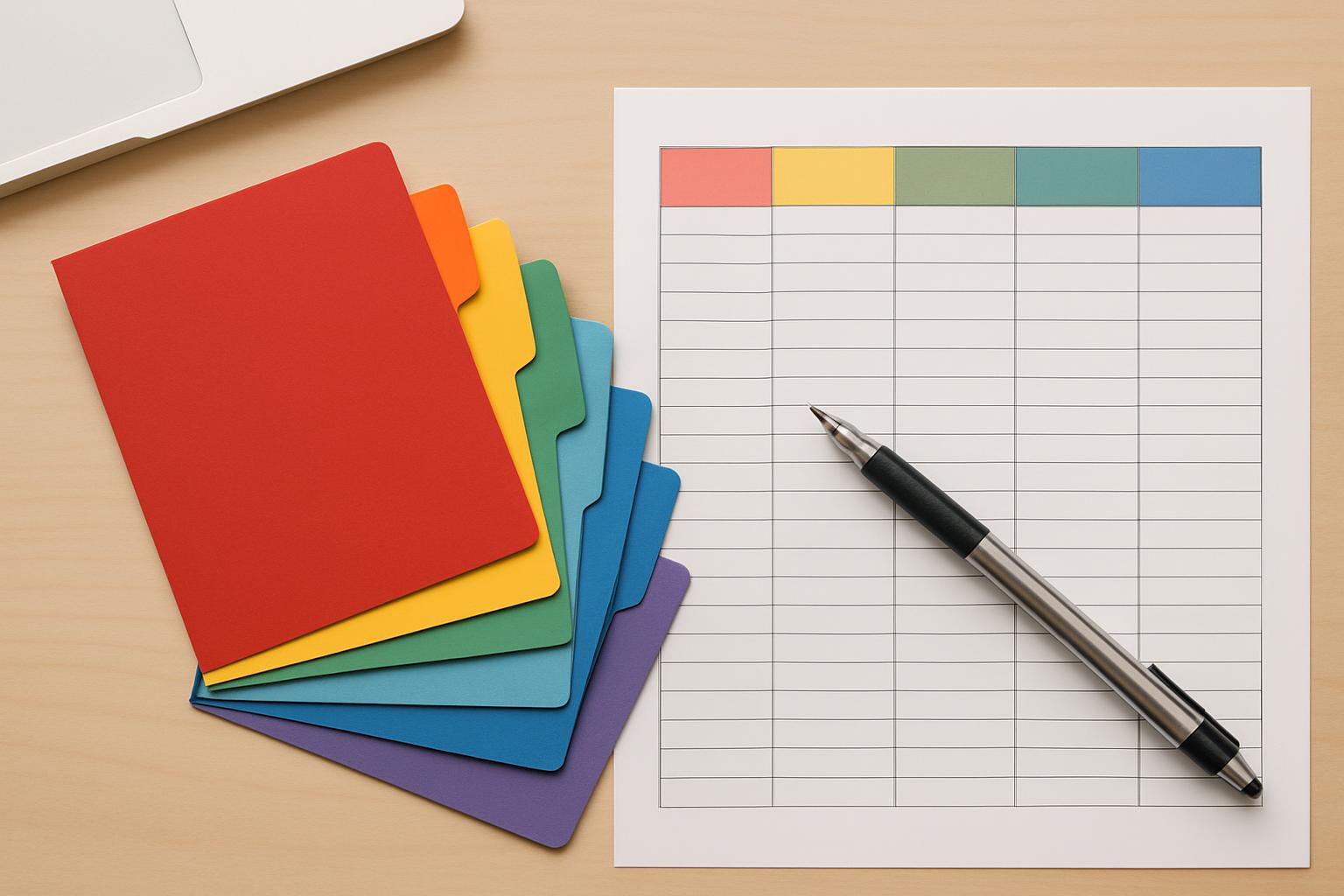 業種別受入上限一覧の分類シートと色分けされた書類の俯瞰