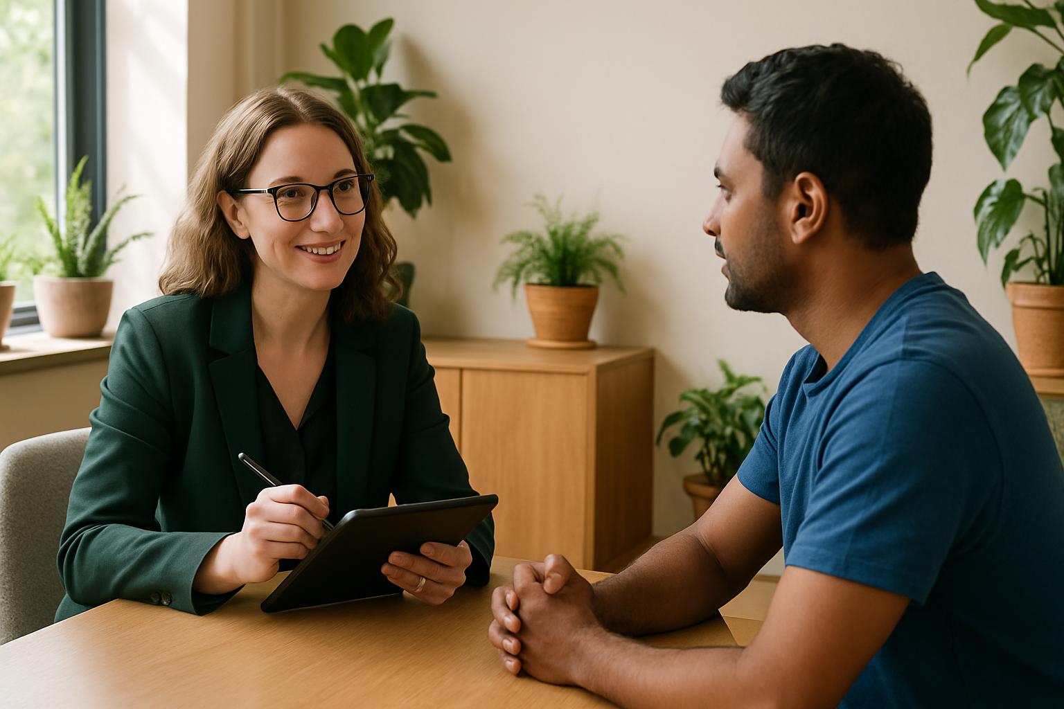 登録支援機関のスタッフが外国人と定期面談を行っている場面