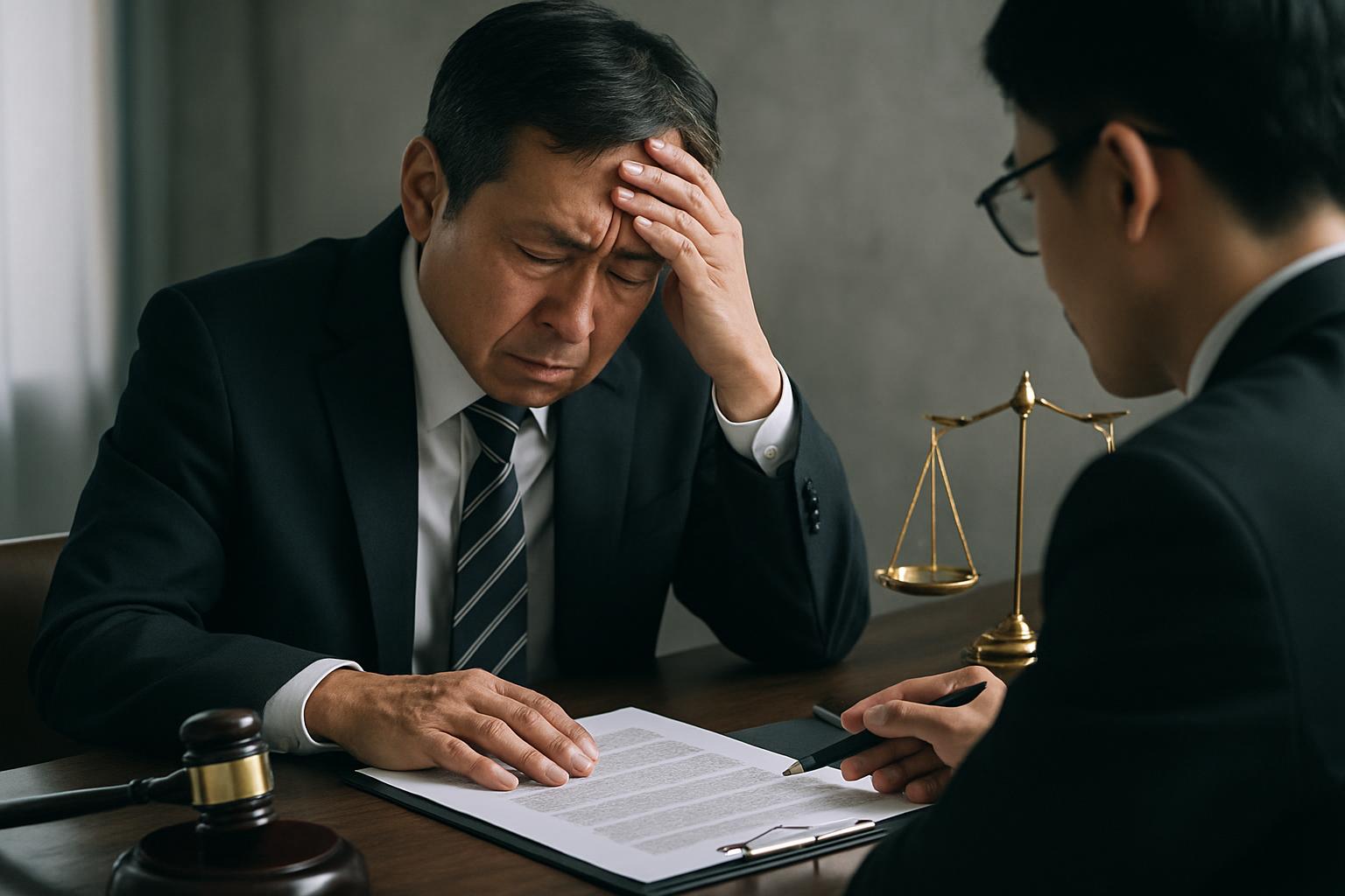 法的書類を前に深刻な表情で検討する企業経営者と法律の専門家