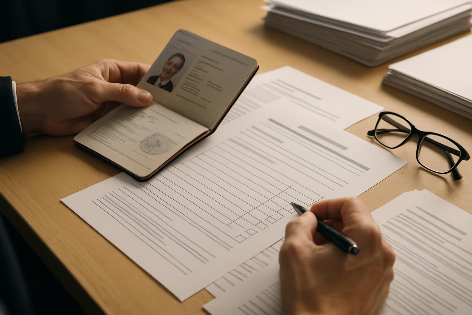申請書類とパスポートをデスクで確認する外国人起業家の手元