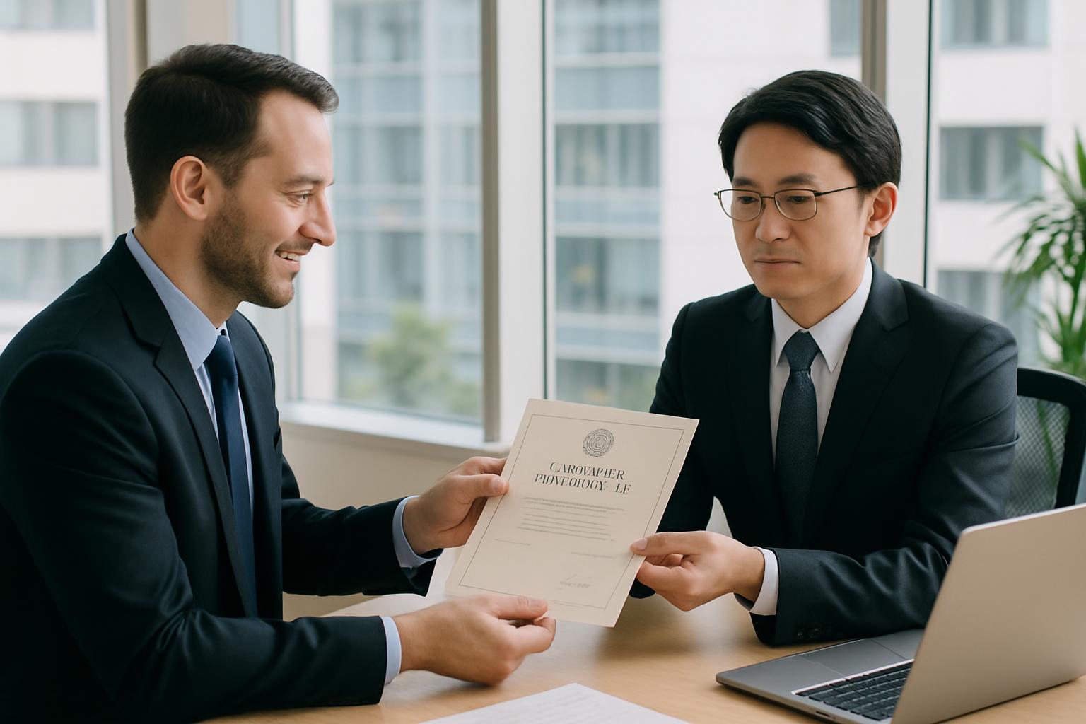 外国人専門職が日本語能力証明書を企業担当者に提出している場面