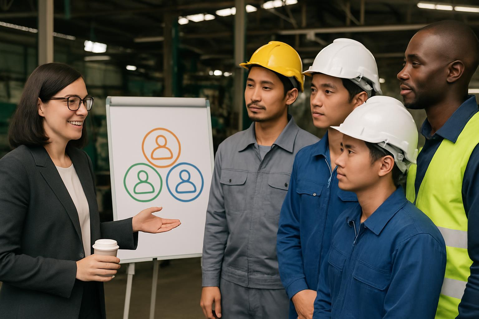 技能実習の各号に応じた経過措置を企業担当者に説明する場面