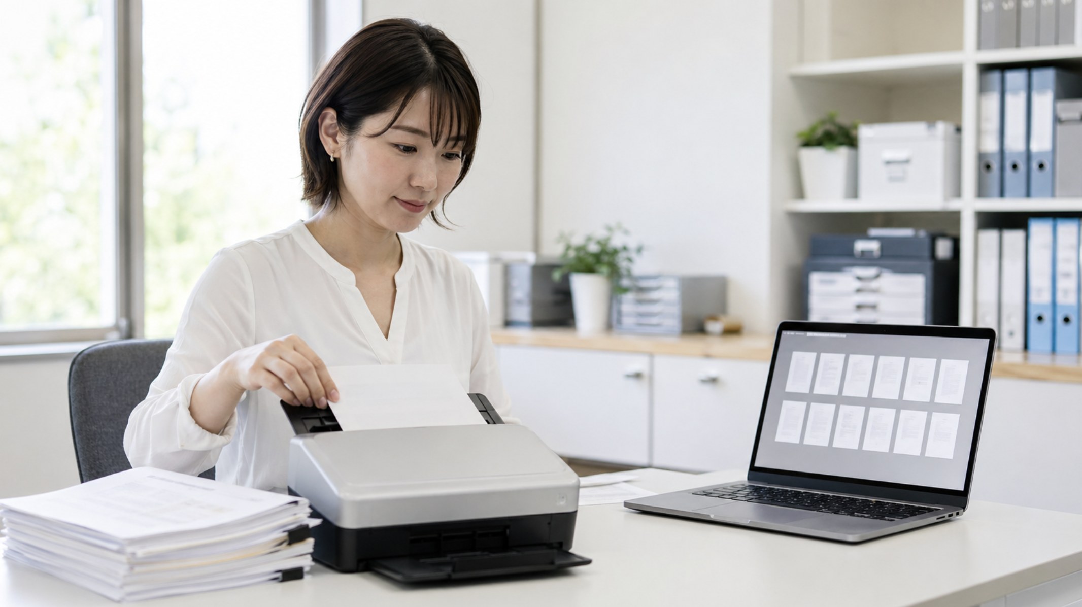 文書スキャナーで紙書類をPDF化する登録支援機関の女性スタッフ