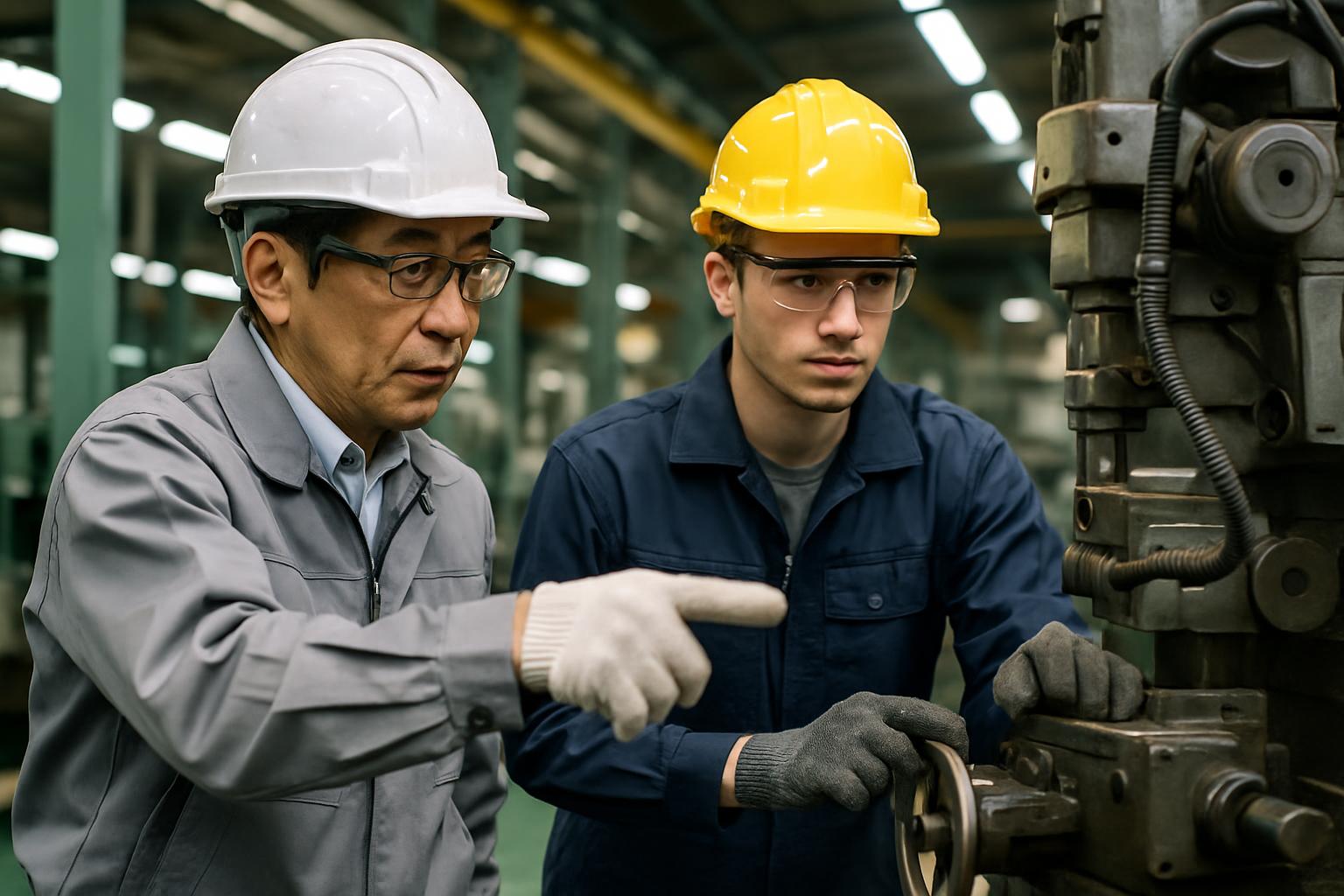 工場現場で日本人指導員が外国人労働者に機械操作を指導している場面