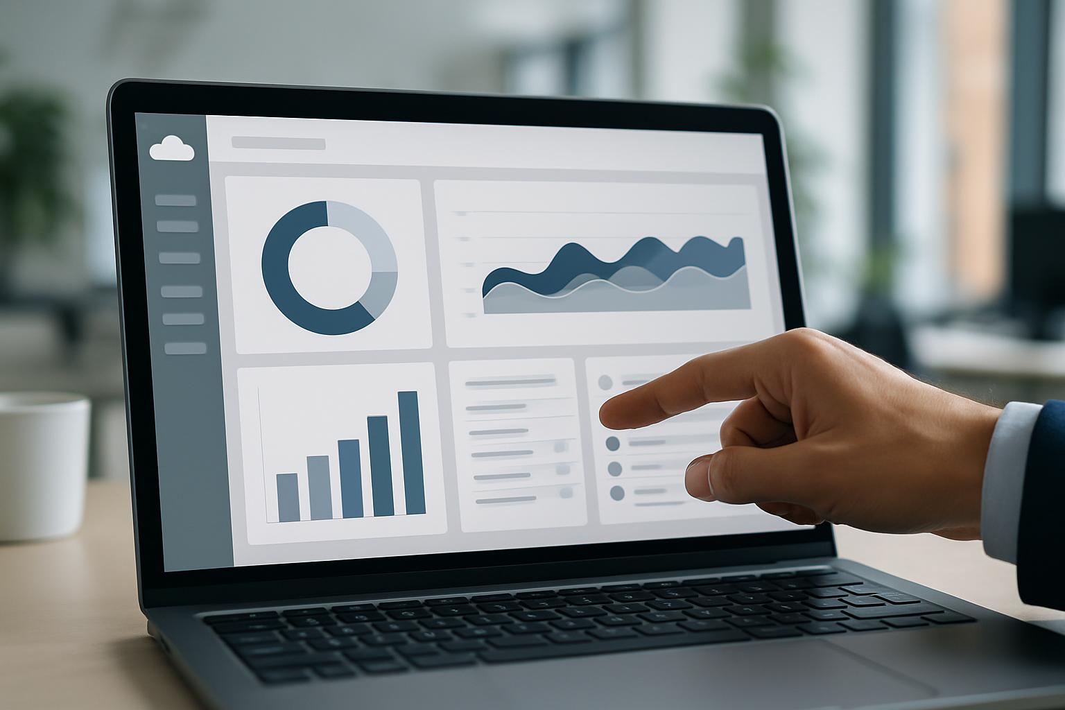 クラウド管理システムのダッシュボードを確認するスタッフの場面