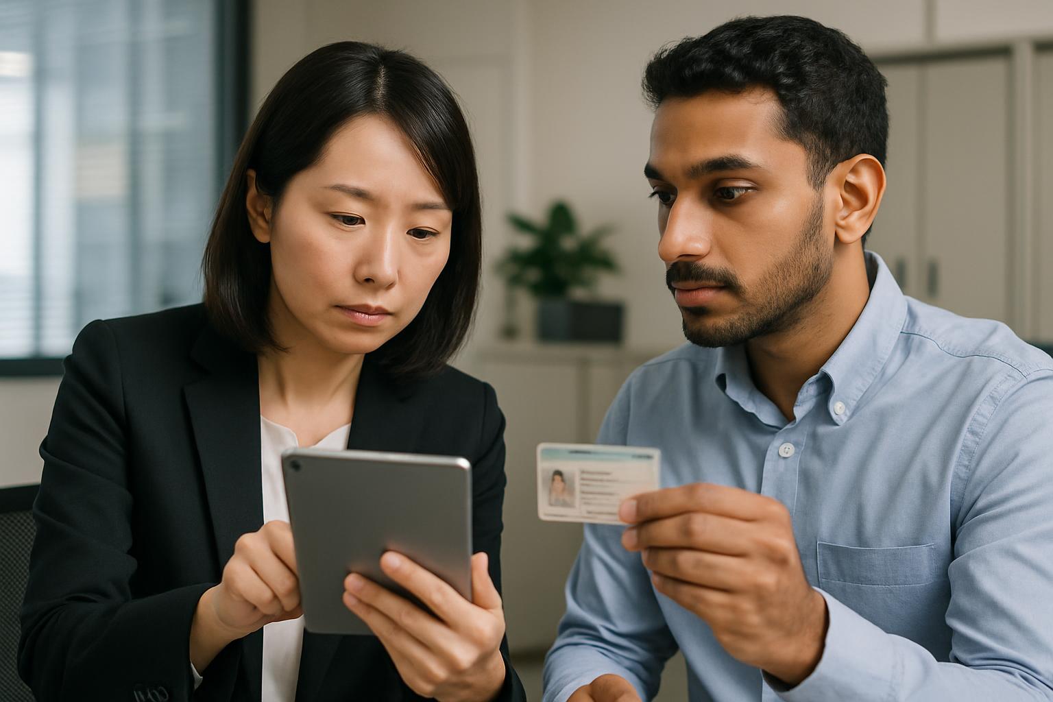 人事担当者がスマートフォンアプリを使って外国人従業員の在留カードを確認している様子