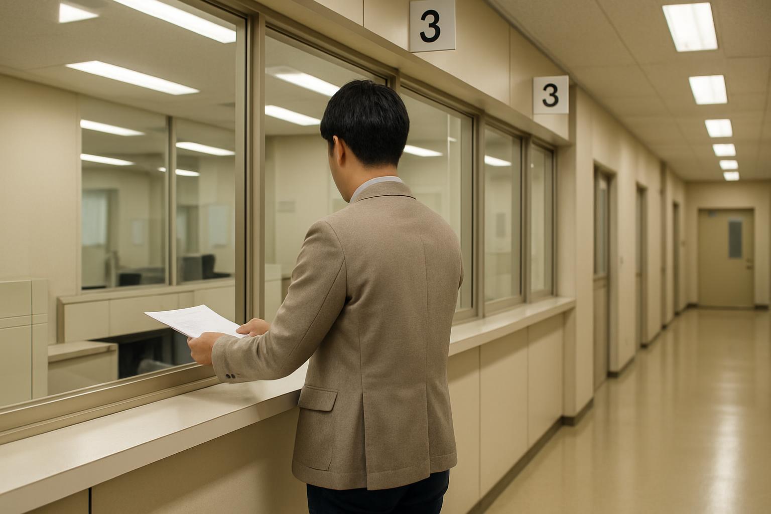 入管窓口で書類を提出する外国人労働者