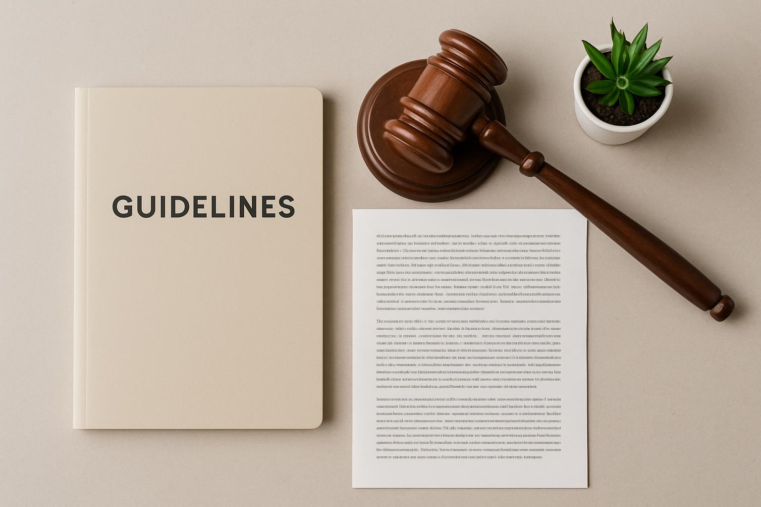 政府ガイドライン文書と木槌が並ぶ規制・法律のイメージ