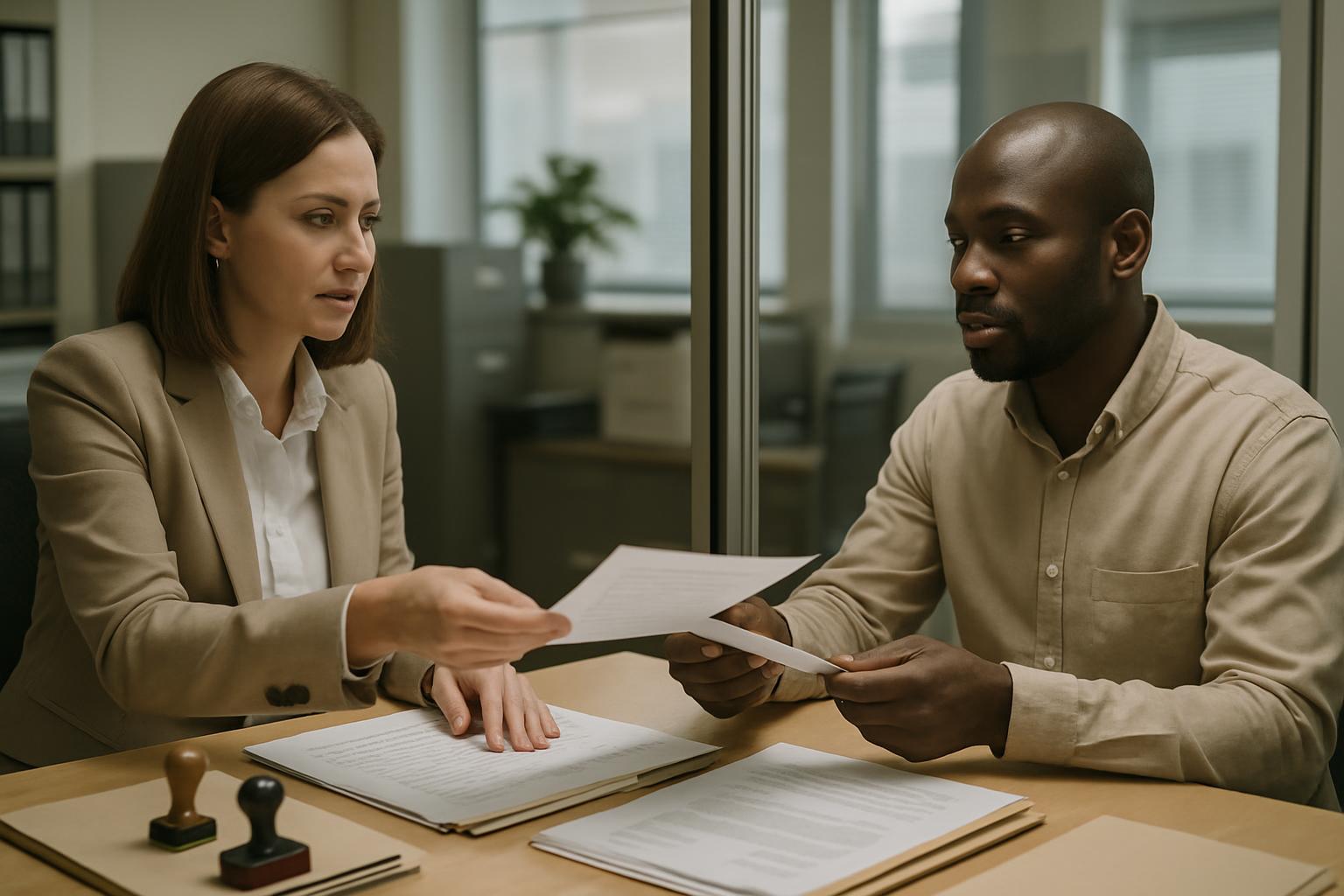 在留資格変更手続きを進める外国人と担当者の場面