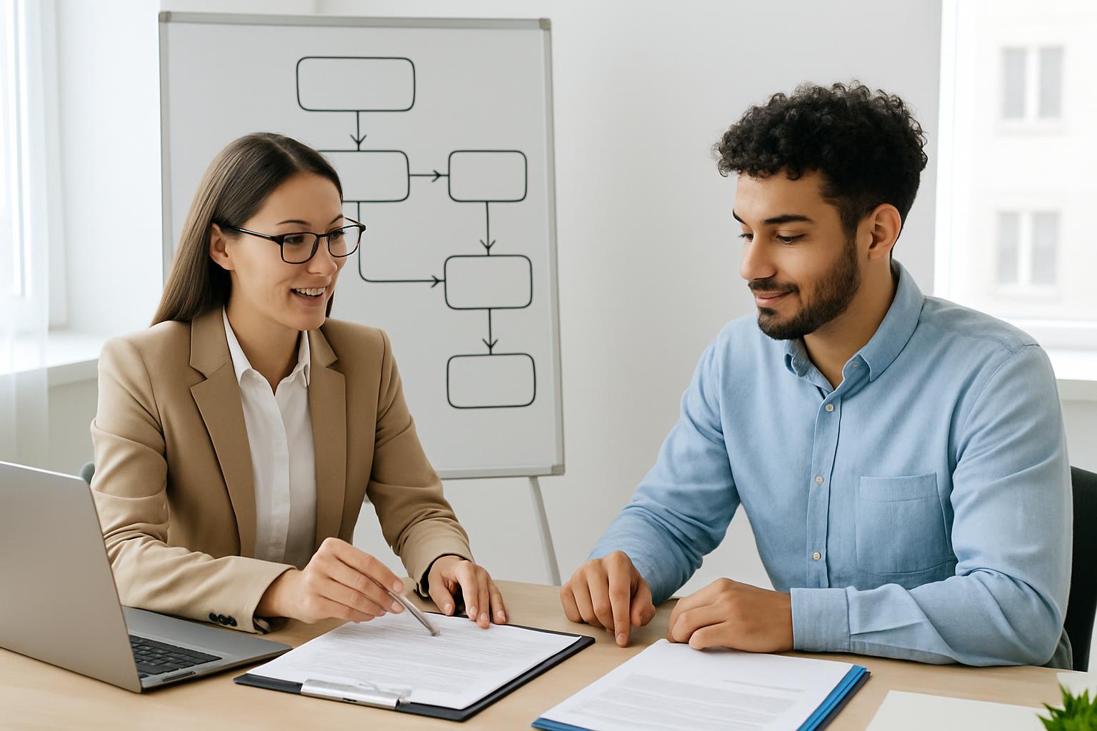 入管への申請手順をコンサルタントが外国人に説明している場面