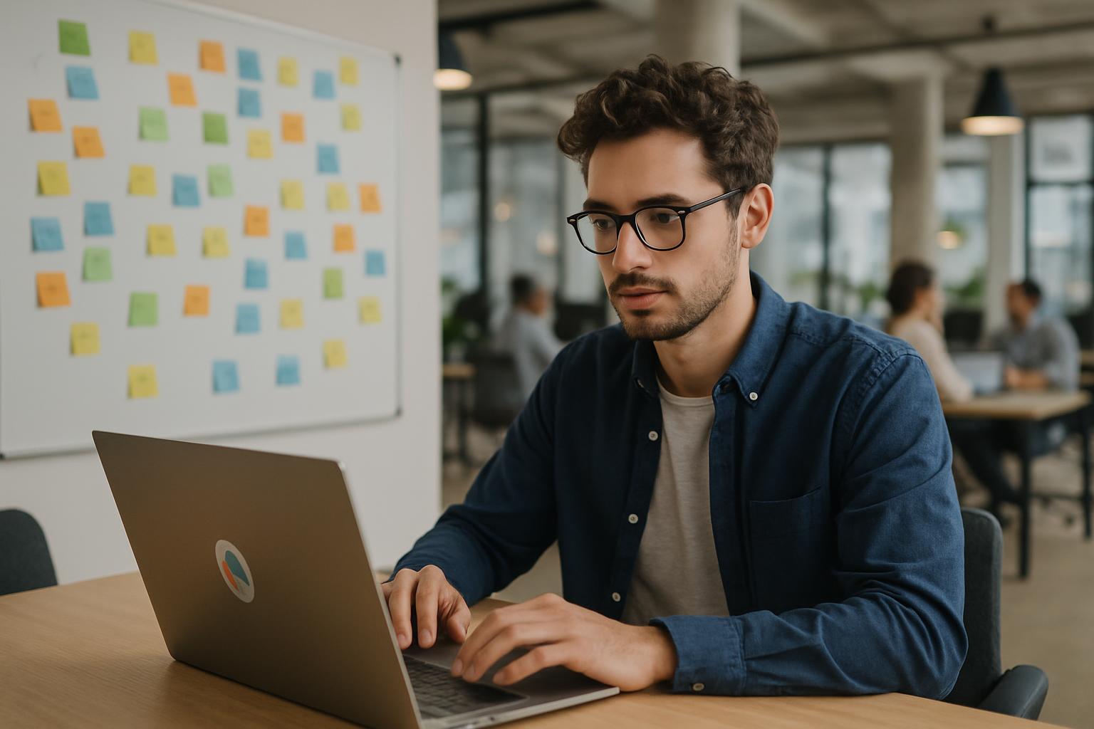 スタートアップインキュベーター施設でノートパソコンを操作する外国人プロフェッショナル