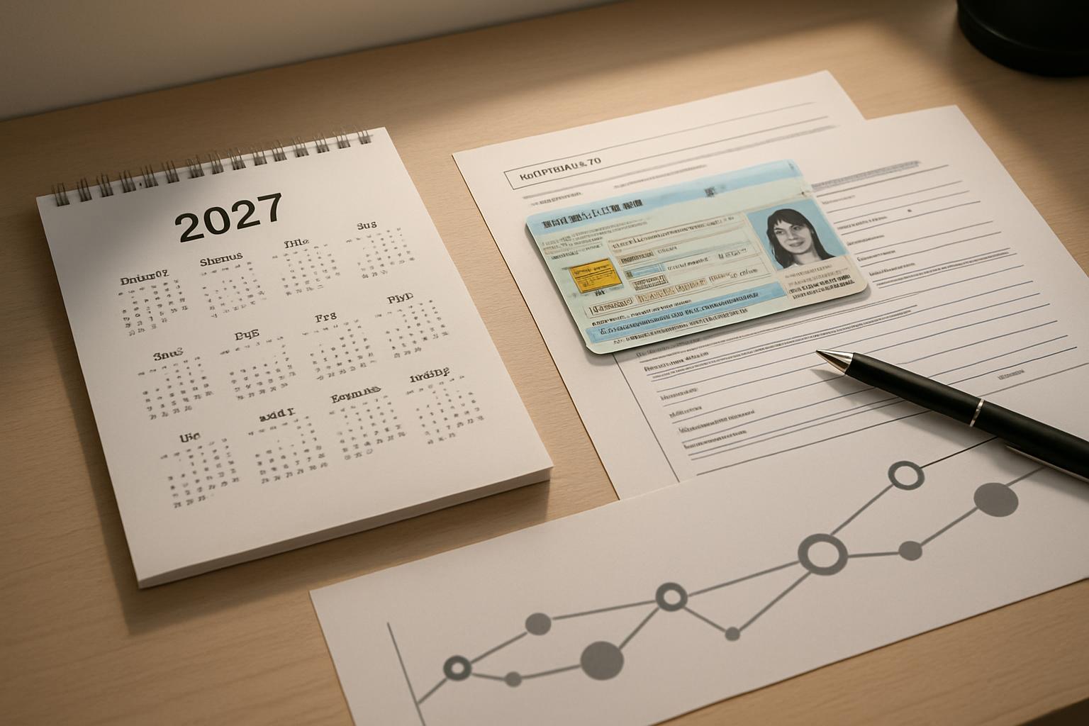 2027年改定を示すカレンダーと在留資格書類が並ぶデスク