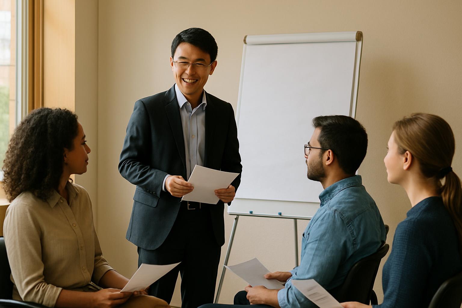 人事担当者が会議室で多国籍の外国人スタッフグループにオンボーディング説明をしている様子