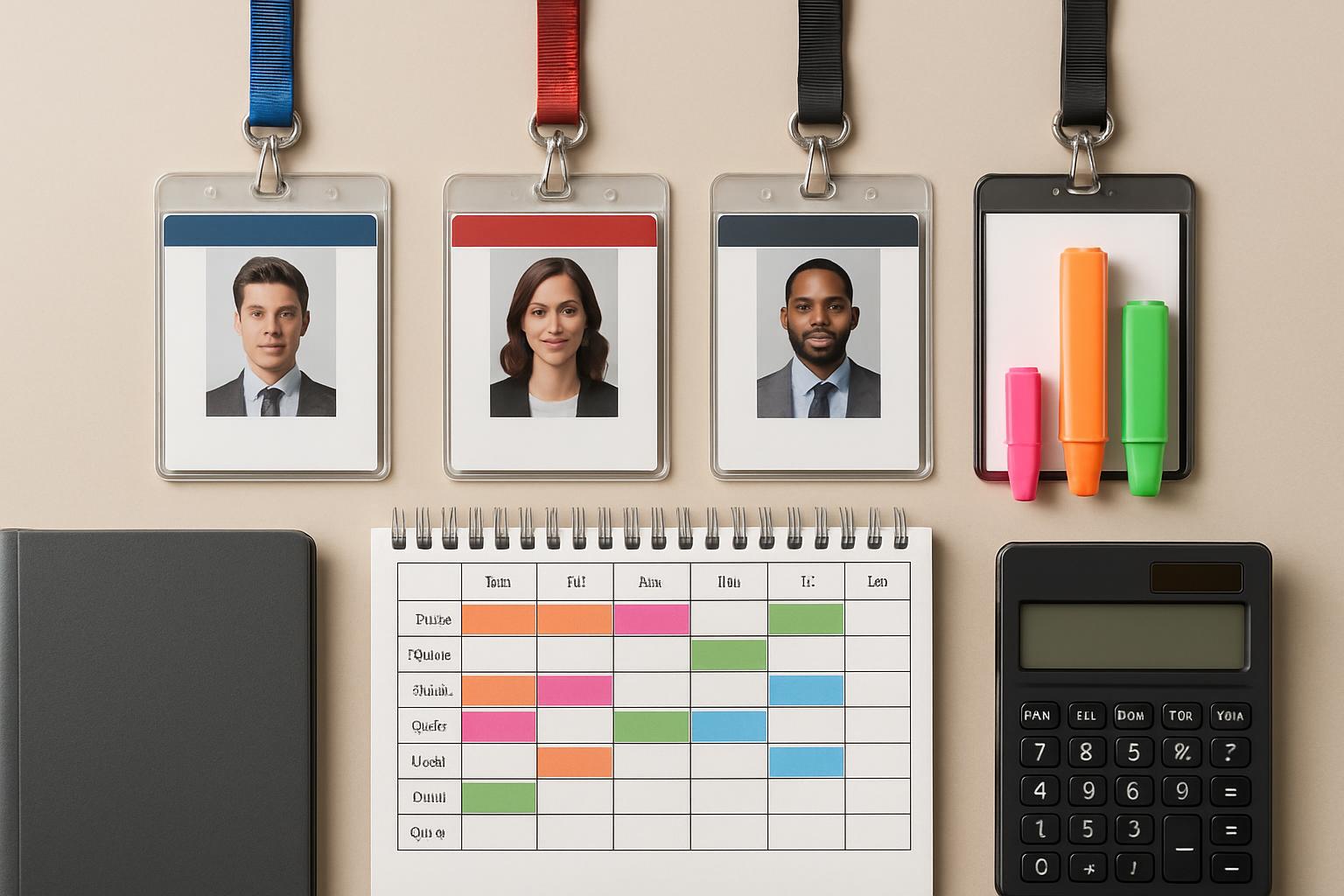 複数企業のIDバッジと合算勤務時間シートの俯瞰フラットレイ