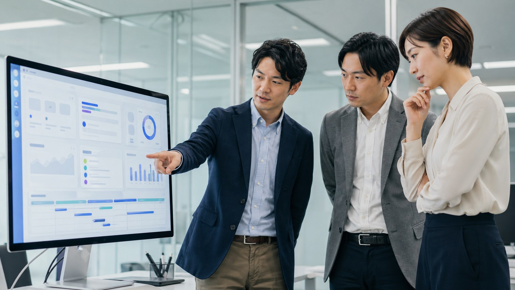 複数のスタッフが大型モニターでクラウドダッシュボードを確認する登録支援機関のオフィス