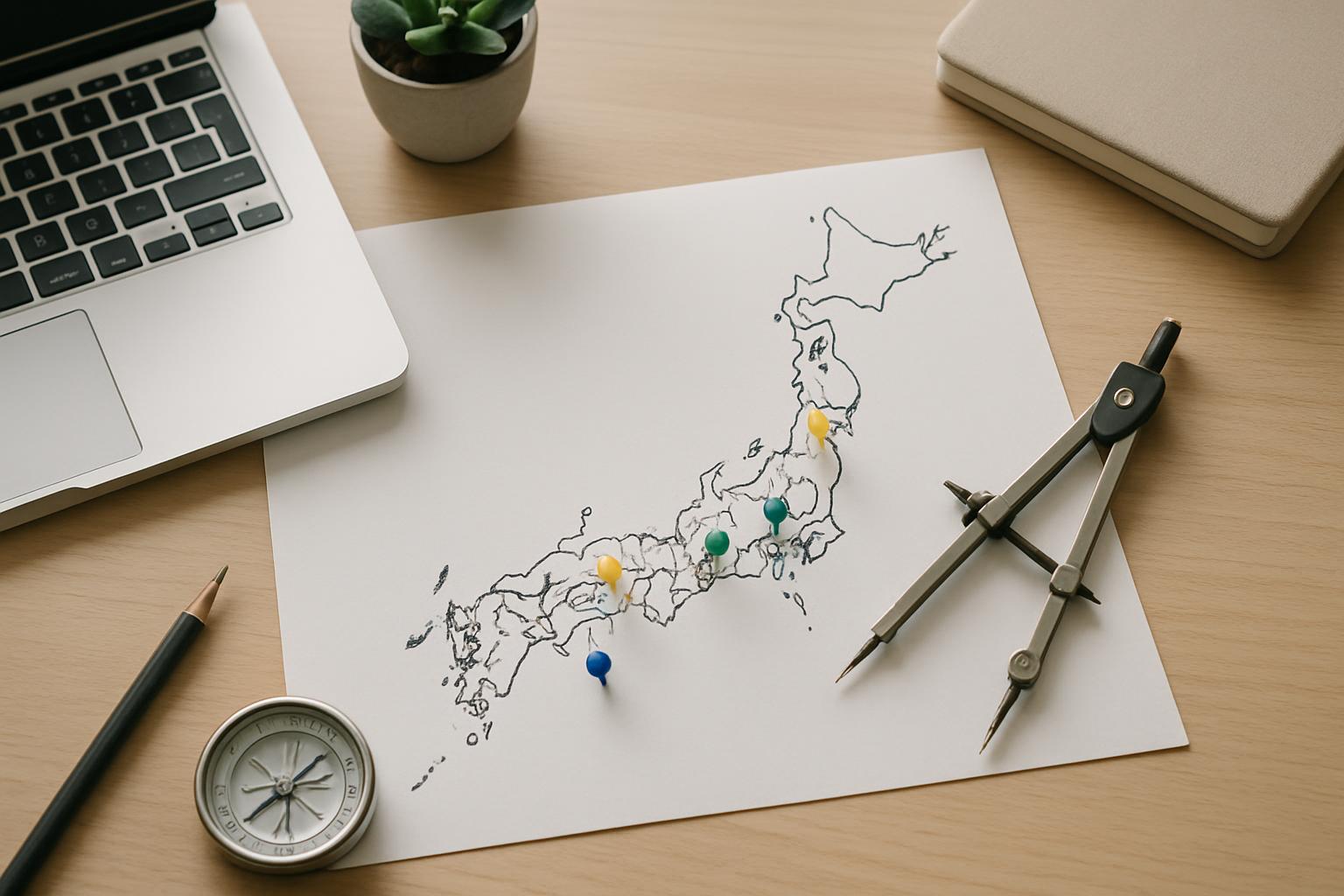 日本地図のアウトラインとピンで地域分散を表すプランニングデスクの俯瞰