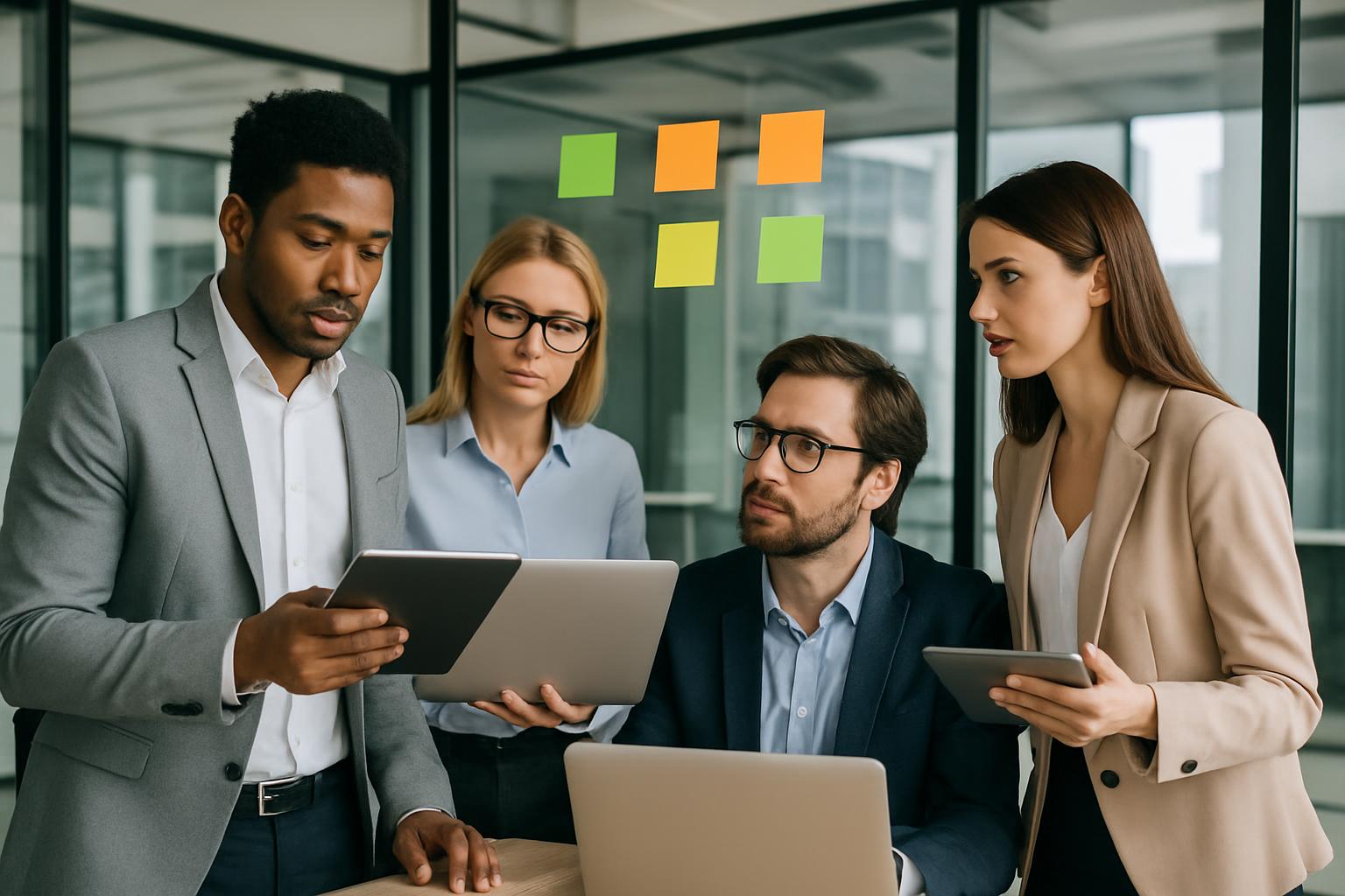 複数のデジタルツールを比較検討しているビジネスチームの場面