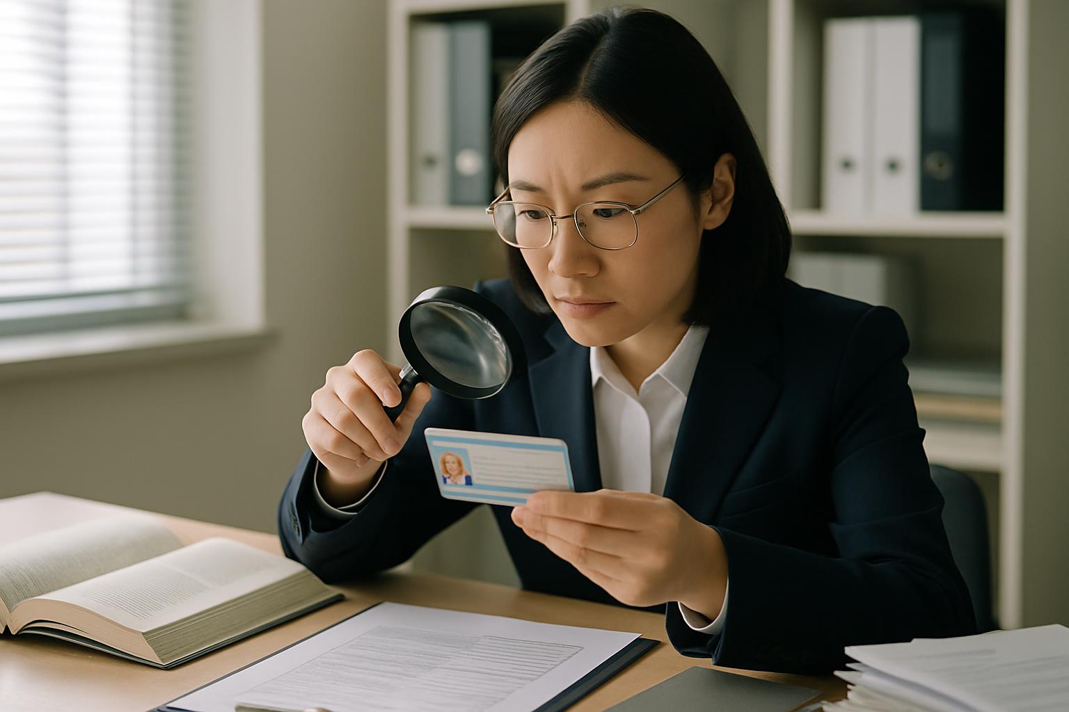 在留カードを丁寧に目視確認する人事担当者
