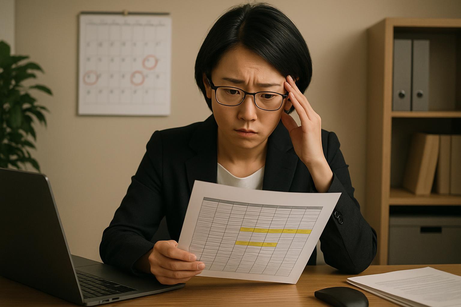 書類の山に囲まれ、複雑な管理業務に追われてストレスを感じているオフィスワーカー