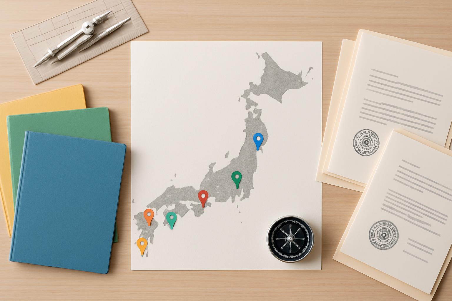 日本地図と各都市の拠点を示すピンマーカーと公式連携文書のフラットレイ