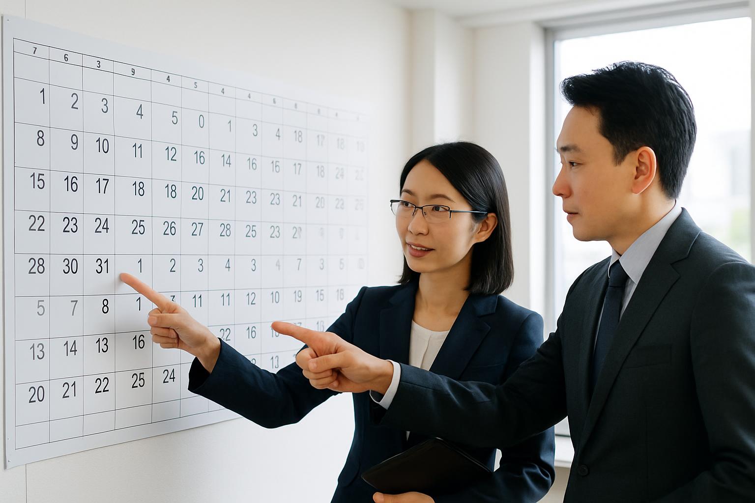 壁のカレンダーを見ながら入社スケジュールを逆算している行政書士と人事担当者