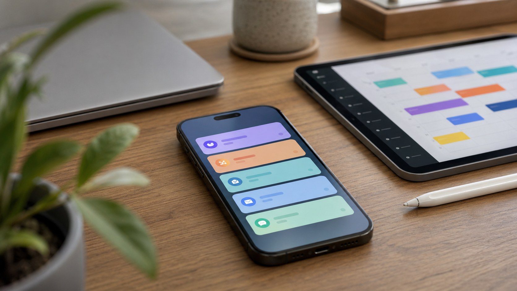 スマートフォンに表示される業務通知と、机上のタブレット・スタイラスペンによる自動化のイメージ