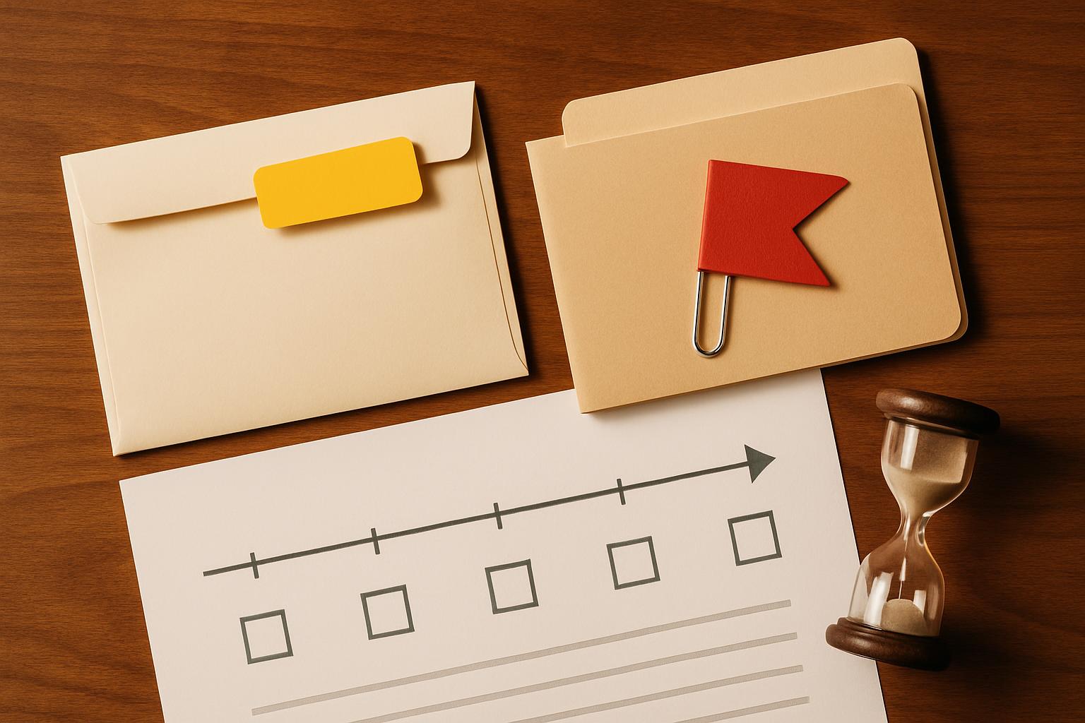 申請ステータス管理書類・黄色いステッカー・砂時計・タイムラインチャートのデスク俯瞰