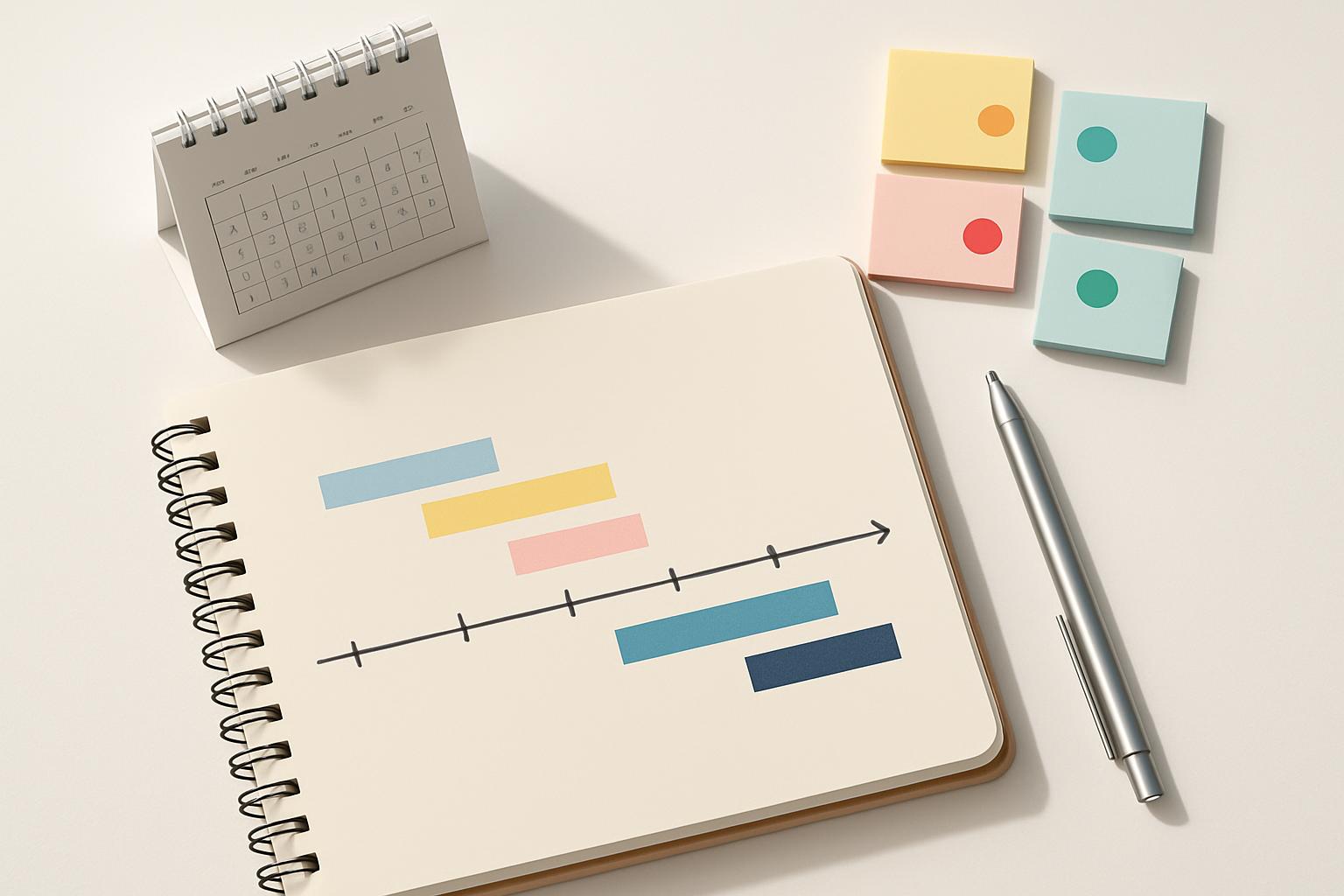 採用戦略のプランナー・カレンダー・付箋・ペンが並ぶ戦略計画デスクの俯瞰