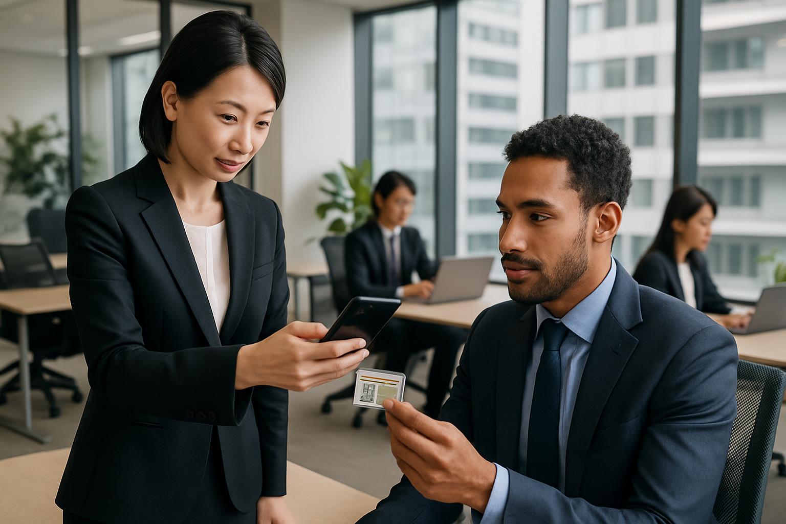 企業のHR担当者がスマートフォンで在留カードのICチップを読み取って在留情報を確認する場面